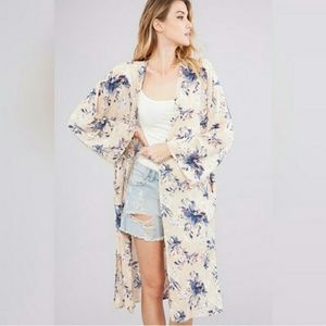 Peach Love California Floral Print Kimono Duster Open Front Long NEW
